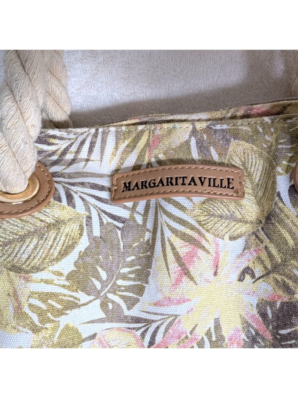 Margaritaville Tropical Print Canvas Tote Bag With Rope Handles & Faux Leather B - Picture 2 of 11